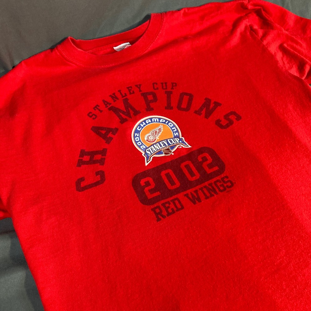 Gildan Detroit Red Wings T Shirt Mens XL Red Good 2002 Stanley Cup Champions Y2K